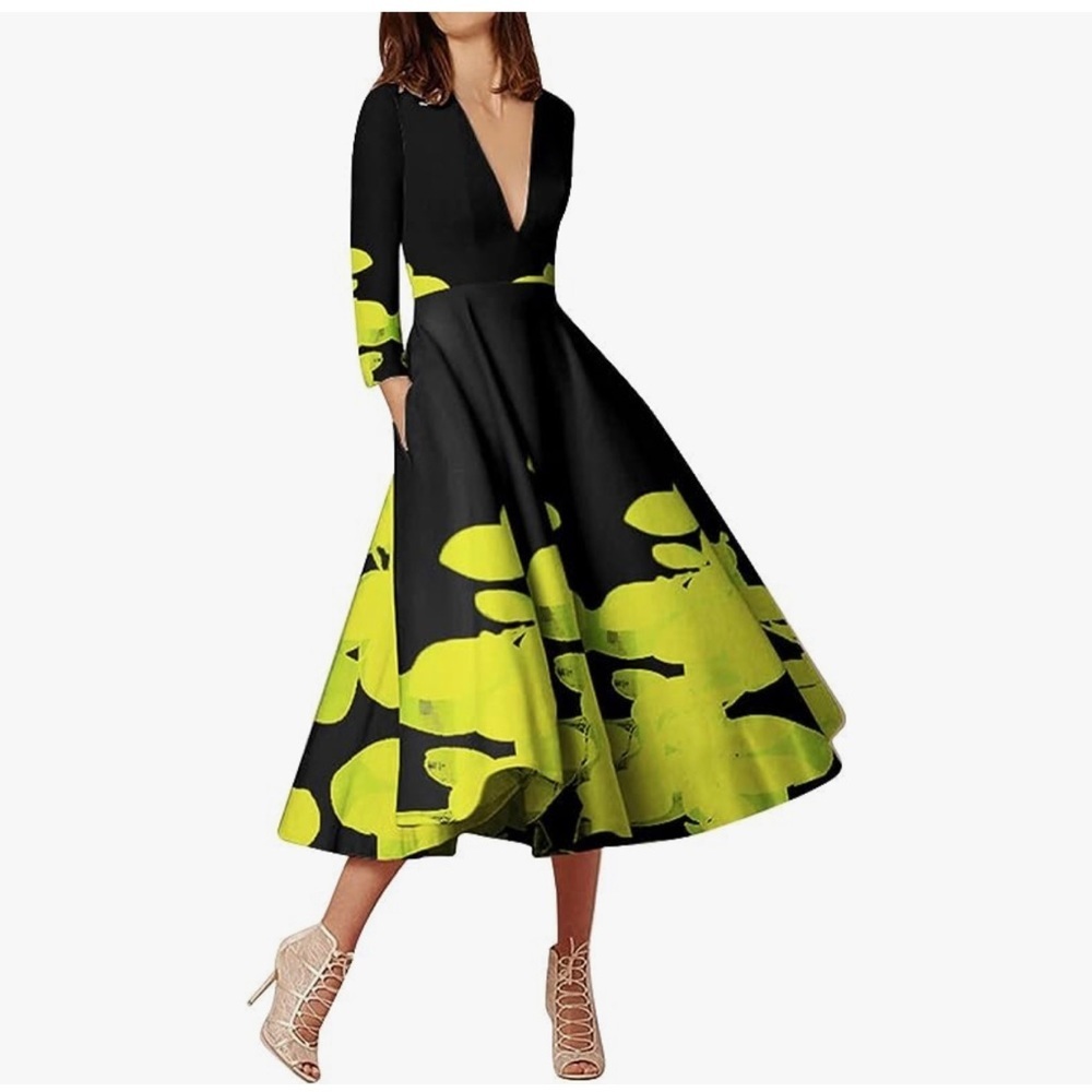 STYLEWE 3/4 Sleeve  A Line Flare MIDI Dress Women Size Small Black Neon Green